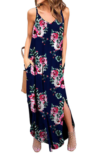 Summer Casual Loose Dress Beach Cover Up Long Cami Maxi Dresses with Pocket Floral
